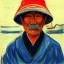 Placeholder: Portrait of OLd Japanese Fishermen on boat wearing bucket hat by edvard munch 8k