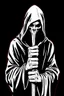 Placeholder: hooded Grim-Reaper gripping a staff with both hands, vignette, black and white graphic novel style with a red outline on black background,