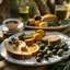 Placeholder: A plate of olives, surrounded by a breakfast of cheese and bread, and a cup of hot tea found in nature