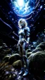 Placeholder: wide-angle Photo of a Sci-fi woman, with blond hair, wearing a silver and black spacesuit looking like an android, on an alien jungle planet