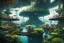 Placeholder: POV Scene: A firsthand perspective shot from within the moist, crowded upper deck of a massive, bioengineered floating island-city. We are standing amongst the native Islanders, an eclectic tribe of Beatnik-inspired survivors, rugged but glowing with inner vitality. Our vision is slightly distorted by heavy atmospheric moisture and perhaps the residues of sacred fungi; colors bleed and halos surround lights. The scene is illuminated by the bioluminescent glow of the island's own 'living technolo