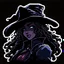 Placeholder: Bad ass purple eyed curly haired dark skinned Lady Maria from Bloodborne in blue pixel art