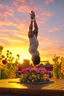 Placeholder: close up of yoga guru doing handstands on the roof of a buss with flowers, 4k, downlight, soft light, depth of field, photorealism