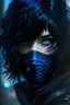 Placeholder: Bob hair, black hair, black hair, cyberpunk, face mask, elegant, bangs, gloomy, rimlight, gothic, techwear, bits of color, dark, gritty, female, dark theme, beautiful, handsome, modest, blue eyes