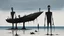 Placeholder: ong-legged surreal lean black-grey figures with beak-shaped heads (wearing white khiton) standing in front of a boat wreck on a radioactive beach, acrylic painting, minimal art, centered, wild sparse brushstrokes, amazing verticals, great parallels, low bleak colors of gray, blue and black, excellent negative space contrasts
