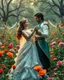 Placeholder: Beautiful Princess Romantic dancing salsa with handsome prince in Wild garden, flower beds, fractal ornamentation, over detailed, gloriously full and confusing, nothing that really exists, everything made up, fantasy world, sweet briar, photography graphic art, song birds, ochre rose, rose buds, dewy morning, forest of oaks,