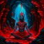 Placeholder: An painting of Hindu god YAMA in a cave, neon red colors, high detail, dark vibe