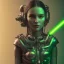 Placeholder: A beautiful portrait of a single minded cute cyberpunk woman, wolf haircut lime green color scheme, high key lighting, volumetric light high details with a lizard like alien with feathers. 3/4 torso. Portrait with a light saber