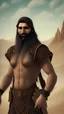 Placeholder: An Arab man in the desert, tall and strong, with long black hair and a thick beard. A long face, a large nose, a thick face, and sharp black eyes. A solid and muscular body with a strong build.