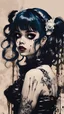 Placeholder: Poster in two gradually, a one side malevolent goth vampire girl face and other side the Singer Melanie Martinez face, full body, painting by Yoji Shinkawa, darkblue and sepia tones,