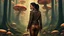 Placeholder: woman with black hair in a ponytail, in light brown leather trousers and jacket, walking through a forest of Alien mushrooms with jellyfish tentacles, photorealistic, Deep Colour, Intricate Detail