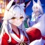 Placeholder: Clear focus, 8k, beautiful lighting, vibrant colors, fox girl, white hair, long hair, golden eyes, miko, tail, smile,