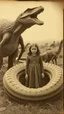 Placeholder: An old picture style of brown and white mono tone picture very bad quality looks very old camera picture of a girl surrounded by a giant creature looks like a snake around her the year 1900 in the background from a distance dinosaurs