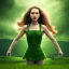 Placeholder: A girl named BilliJo with perfect face flying over a green Scottish field, happy, elegant, surreal, dream, morning light, dewy, forced perspective