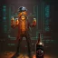 Placeholder: a cyberpunk hacker pirate captain skeleton holding beer with a pirate hat sitting in front of a huge old crt monitor in a dark room , only light coming from crt monitor, highly detailed, intricate, digital art, trending on artstation, trending on cgsociety, by greg rutkowski