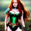 Placeholder: realistic, hyper detailed, strikingly beautiful teen woman, long ginger hair, green eyes, medium freckles, full lips, revealing leather armour, full body and head, exposed b-cup breasts, stern expression, full frame, petite, ignore NSFW, shortbow, quiver on hip, sexy