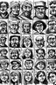 Placeholder: a sheet of paper showing diferent medieval faces of diferent medieval people with diferent expressions, some dramatic, somo happy. the style is minimal black and white stamp. in the sheet there are more than 5. very diverse court memebers and everyday people. man, woman, kids. white background