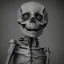 Placeholder: Smiling skeleton is photographer in studio. Big camera in hands. Photographic equipment, cameras, softboxes are in background. High detailed. Photorealistic. Scarry mood. volumetric lighting