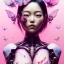 Placeholder:  Asian woman, leaning pose, latex suit, pink short hair, Gradient background, style <Yoji Shinkawa>, Bones, watercolor illustration by <agnes cecile> butterflies everywhere, skulls, centipede, nest, octopus, squid, plants, wildflower, intricate detail , portrait, high lighting,