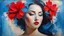 Placeholder: old painting, torn edges, blue, WOMAN, love, red heart, light, flower, double exposure, abstract surreal portrait, oil painting in impressionism, large strokes, airbrush effect, textured painting, antique style, vintage, semi-abstract, semi-realistic, surreal .