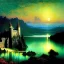 Placeholder: Drawing of 'Medieval Romanian Castle',bats,mountain,lake,full moon, by gaston bussiere, greg rutkowski, yoji shinkawa, yoshitaka amano, tsutomu nihei, donato giancola, tim hildebrandt, oil on canvas, cinematic composition, extreme detail,fit full head inside picture,16k