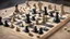 Placeholder: A chessboard with holes in it and Israeli tanks in place of the chess pieces