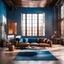 Placeholder: a photo of a gorgeous modern industrial interior with leather sofa, brown and blue colors, copper, bright interior, sunlight --ar 1:1