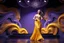 Placeholder: modern stage with gray-dark yellow blueish violet theme artistic decoration , color full dynamic lighting, a beautiful lady in maxi dress with shining silver jewels ,curvy long hair,dancing, 3D recursive fractal structure animating background