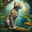 Placeholder: Create a surreal digital painting of an ocelot, seen from the side, whole body, heraldic and with a jungle background, in the style of Max Ernst. Modifiers: digital painting intricate beautiful high detail hyperrealistic high definition crisp quality colourful surreal alcohol ink Haunted Nature