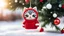 Placeholder: cute chibi cat shaped hanging Xmas tree ornament wearing red knitted pullover with zebra on it in sunshine, snowcapped xmas tree
