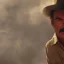 Placeholder: Tom Selleck, as Indiana Jones, dramatic light, close up, smoky background, high detail, cinematic, vignette