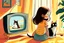 Placeholder: brunette girl watching tv with a cat, children's book illustration in style of Brigette Barrager, Sven Nordqvist and Nicole Rubel in sunshine