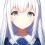 Placeholder: a close-up headshot of a kawaii shy young woman with long white hair, silver eyes with long lashes, slim delicate build, sickly complexion, soft, anime style, intricately detailed, splotchy watercolor background, adorable, cute