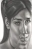 Placeholder: dibujo en grafito realista de rostro mujer 35 años pelo negro atado en cola de caballo tres cuartos perfil mira y sonrie plano tres cuartos perfil rasgos definidos labios definidos