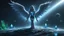 Placeholder: angels with a beautiful face with a wings siting on the monolith made of blue tiberium crystals of lights, matrix universe, planets on the back grounds, green crystals of tiberium on the life and right