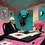 Placeholder: Scary stories of the infinite interview, intimidating magister's looming behind interviewer desk, fish eye lens up shot, Joan Miro and Gerald Scarfe deliver a sinister surreal masterpiece, warm hues, dark_cyan and pink color scheme, sinister, creepy, sharp focus, asymmetric, claustrophobic