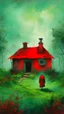 Placeholder: Painterly. Abstract. A cottage with a moss covered roof in a clearing. A willowy androgynous human figure stands clothed in red silk raiments. Anomalous red cloud issuing forth from the heart. Simple yet majestic