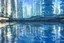 Placeholder: Sunny day, cyberpunk buildings, water reflections, sci-fi, concept art, tendency to impressionism, realistic painting