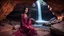 Placeholder: Hyper Realistic Photographic Outside View Of A Gorgeous Pashto Girl (Wearing Simple Burgundy Colored Dress & Wearing Plain Pink Dupatta On Her Neck) Happily Sitting & Smiling Boldy In A Cave & Showing Her Long Black Hair & her Legs Are In The Lakewater With Waterfall View Outside, With Heavy Rain Outside Cave At Dark Night Showing Dramatic & Cinematic Ambiance.