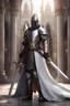 Placeholder: photorealistic holy knight paladin wearing a cape wielding a greatsword temple in the background