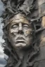 Placeholder: surrealis monochrome A fragmented, surreal sculpture liguid color of photorealistic image 3d,psychedelic art of trump glossy emerging from dreamlike a crumbling building. The face appears pale with deep cracks and intricate details, evoking a haunting expression. Blackened tree branches intertwine with the gold mengkilat cracks, set against a backdrop of stormy, cloud-filled skies. bauhaus art The overall tone is dark and moody, suggesting themes of decay and transformation. Include