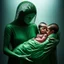 Placeholder: serene yet haunting scene depicts a humanoid cradling two children—one human, one humanoid—in her arms. The humanoid mother gazes at them with a peaceful expression. The human child, wrapped delicately in a green, net-like material, sleeps soundly, while the humanoid child, resembling its mother, nestles beside the sibling. Tears stream from the humanoids eyes, evoking a sense of sorrow suggesting both entrapment and technological dependency. Intricate patterns adorn her head, leading to a majes