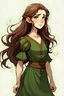 Placeholder: Cartoony, teenage girl, long, wawy, brown hair, elvish, short, green dress