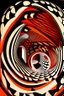 Placeholder: Voice bouncing around in a circular house of mirrors; Optical Art; M.C. Escher, black, white, and orange-red