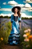 Placeholder: fullbody girl makeup wearing a victorian dress walking in country side ,flowers ,pretty clouds in blue sky