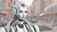 Placeholder: female robot, in a street, shops, cars, people