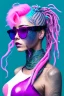 Placeholder: entire body mermaid cyberpunk some fish scales on face pink and indigo hair dreadlock sunglasses