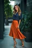 Placeholder: full body of very beautiful lady midi blue pleated skirt and orange bluse , Braided hair ,standing idle happy pose in studio pretty makeup,dark background