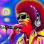 Placeholder: a realistic picture of Jimi Hendrix at a turntable with headphones on being a DJ, vivid color, with sunglasses, psychedelic trippy art