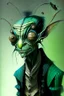 Placeholder: Artist Jean-Baptiste Monge style. A old biomorph male humanoid with Ant face. Bright eyes. A green and blue striped outfit. Modifiers: Tim Burton Craig Rutkowski